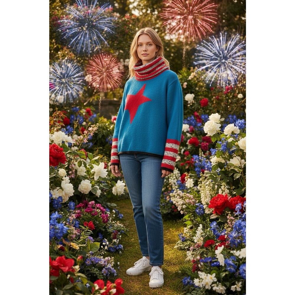 Vintage Ann Trinity Women's S Red White Blue Star Stripes Turtleneck Sweater